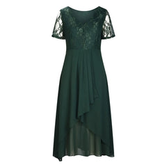 Vintage Chiffon V Neck Splicing Lace Hollow Pleated Large Swing Summer Dress