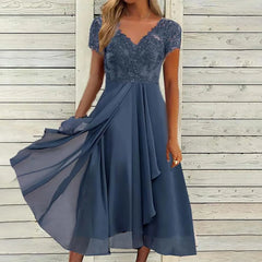 Vintage Chiffon V Neck Splicing Lace Hollow Pleated Large Swing Summer Dress