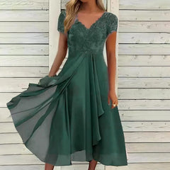 Vintage Chiffon V Neck Splicing Lace Hollow Pleated Large Swing Summer Dress
