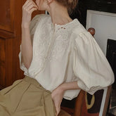 Vintage French Business Summer Fashion Lantern Sleeve Round Neck Office Lady Embroidered Blouse