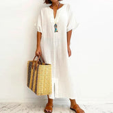 Vintage Solid Cotton Linen V-Neck Split Boho Dress
