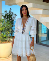 White Deep V Neck Lace Trim Dress Half Sleeve Hollow Out Dress Summer