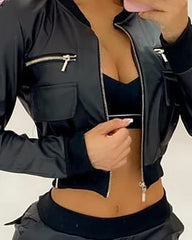 PU Leather Zipper Front Short Jacket