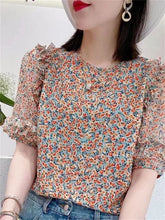 Summer Casual Style Flower Printed Short Lantern Sleeve O-Neck Blouse