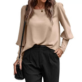 Blouse Lantern Sleeve Button Closure Round Neck Spring Blouse