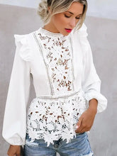 WomenLong Sleeve Floral Lace White Hollow Back Summer Beach Elegant Party Shirt Blouse