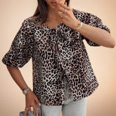 WomenLeopard Fashion Summer V-neck Cardigan Lace-up Animal Print Short-sleeved Female Shirt Blouse