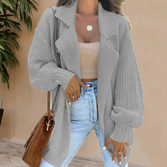 Turn-down Collar Sweater Cardigan Autumn Solid Ribbed Tops Jacket Winter Lantern Long Sleeve Thick Coat