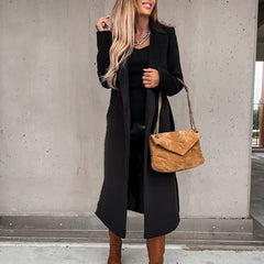 Seeve Waist Outerwear Tolid Long Slurn Down Collar Coat