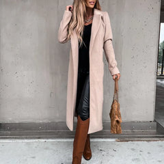 Seeve Waist Outerwear Tolid Long Slurn Down Collar Coat