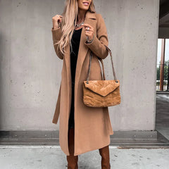 Seeve Waist Outerwear Tolid Long Slurn Down Collar Coat