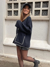 Edge Contrast V-neck Loose Knitted Long Sleeve Patchwork Sweater