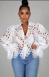 Elegant Lace See Though Ruffles Lantern Blouse