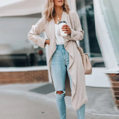 Turn-down Collar Office Cardigan Spring Solid Loose Long Tops Outerwear Coat