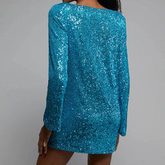 Fashion Sequins Party O Neck Long Sleeve Prom Solid Color Straight Short Spring Autumn Dress