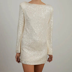 Fashion Sequins Party O Neck Long Sleeve Prom Solid Color Straight Short Spring Autumn Dress