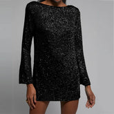 Fashion Sequins Party O Neck Long Sleeve Prom Solid Color Straight Short Spring Autumn Dress