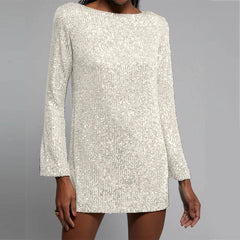 Fashion Sequins Party O Neck Long Sleeve Prom Solid Color Straight Short Spring Autumn Dress
