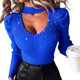 Hollow Out V-Neck Tops Studded Rhinestones Slim Fit Knit Blouse