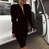 Leg-of-Mutton Sleeve Plunge Party Dress Slim Waist Ruched Bodycon Dress Solid Yellow Red Black Robe Femme