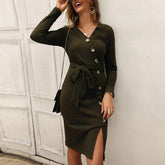 Long Sleeve V Neck Button Midi Dress Autumn Winter Knitted Dress Elegant OL Workwear Streetwear Bodycon Vestidos Mujer