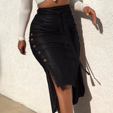 PU Leather Lace-up Slim Pencil Skirt