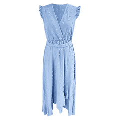 WomenClothing Free Shipping Sleeve Wrap V Neck Ruffle Dot Ruffle Slit Flowy Boho Dress