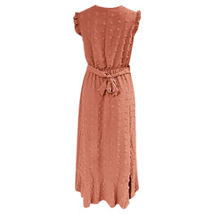 WomenClothing Free Shipping Sleeve Wrap V Neck Ruffle Dot Ruffle Slit Flowy Boho Dress