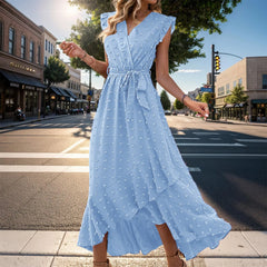 WomenClothing Free Shipping Sleeve Wrap V Neck Ruffle Dot Ruffle Slit Flowy Boho Dress