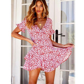 Short Sleeve V-Neck Wrap Boho Floral Mini Dress Fashion Ladies High Waist Holiday Summer Beach Sundress