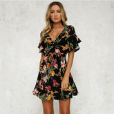 Short Sleeve Wrap Boho Floral Mini Dress Ladies Summer Party Beach Casual V-Neck Short Sundress Holiday