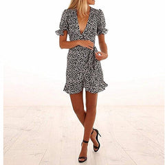 Short Sleeve Wrap Boho Floral Short Mini Dress Party Evening Summer Beach Ladies Casual Holiday Sundress