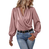 Color Top Silky Texture Lantern Sleeve Elegant V-neck Blouse