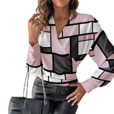 Spring Autumn V-Neck Cuffed Long Sleeve Plaid Striped Blouse