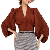 Spring Autumn Shirt Top Elastic Long Sleeve V-Neck Loose Blouse