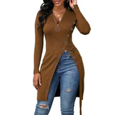 Spring Top Zipper V Neck Long Sleeve High Split Hem Lace Blouse