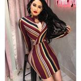 Stripe O-Neck Long Sleeve Bodycon Evening Party Backless Short Mini Dress Mix Color Striped Dress