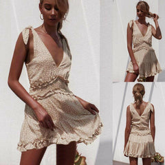 Summer Boho Casual Sleeveless Ladies Deep V-Neck Falbala Party Casual Beach Mini Dress Sundress