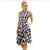 Summer Casual Dress OL Ladies Sleeveless Plaid Shirt Dress Elegant Party Pleated Irregular Dress Lady Clothes