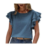 Shirt O-neck Ruffle Short Sleeve Pullover Solid Color Blouse