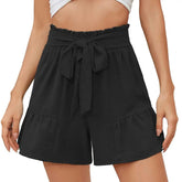 Summer High Waist Bow-knot Lace Up Loose Elastic Waist Patchwork Above Knee Length Female Pants Short