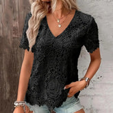 T-shirt V-neck Short Sleeve Hollow Embroidery Lace Pullover Blouse