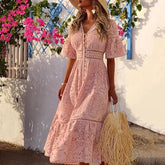 Sweet V Neck Hollow Out Single-Breasted Lace Long Dress