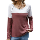 T-shirt Button Decoration Long Sleeve Knit Round Neck Blouse