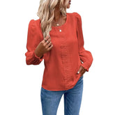 Shirring Cuff Round Neck Lace Patchwork Long Sleeve Blouse