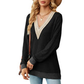 V Neck Patchwork Color Matching Hollow Out Mid Length Blouse