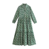 Vintage Print Turn-down Collar Long Sleeve Maxi Boho Dress