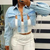 Short Jacket Top Long Sleeve Halter Chain Summer Streetwear Light Blue Ripped Denim Coat