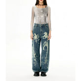 WomenBlue Graphic Print High Waist Denim Pants