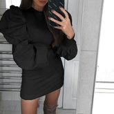 WomenKnit Bodycon Sweater Dress Long Puff Sleeve Autumn Winter Ladies Casual Long Jumper Pencil Dresses